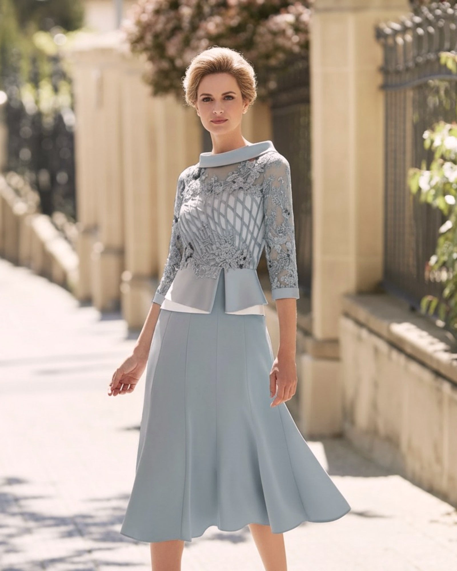 Couture Club blue grey peplum waist occasion dress size 16