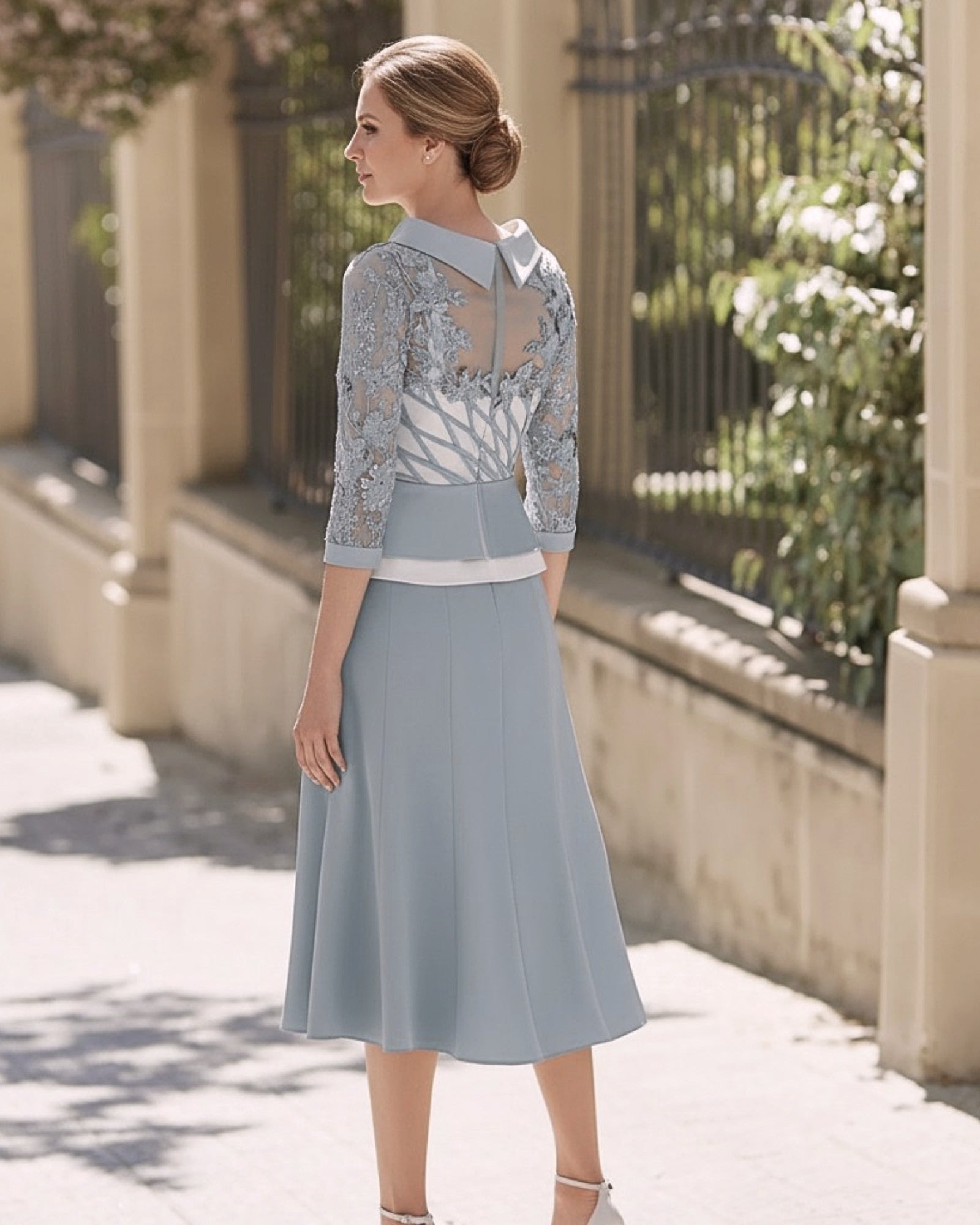 back view of an Elegant blue grey mother of the bride dress Melbourne boutique
