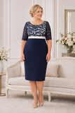 Condici navy and ivory plus size mother of the bride dress with sequined lace bodice, elbow sleeves and layered navy skirt