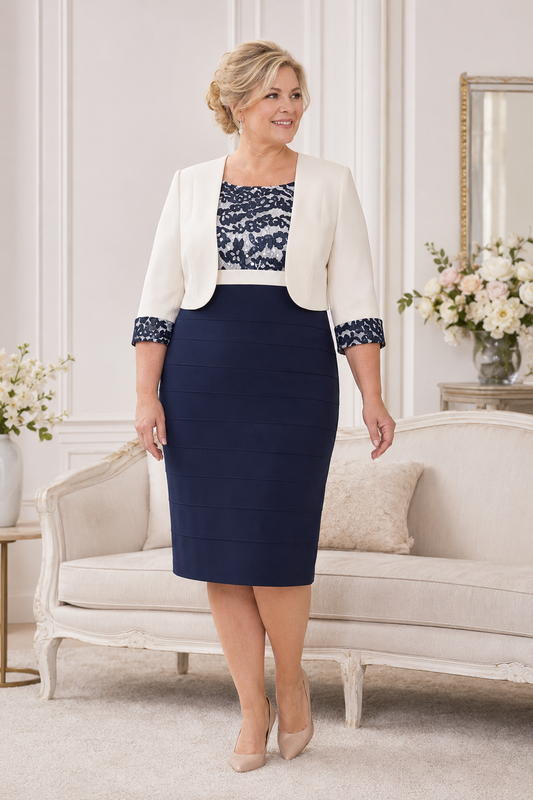 Condici navy and ivory plus size mother of the bride outfit with cropped ivory jacket and lace cuff detail