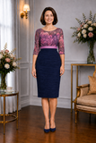 Condici pink and navy fitted occasion dress with floral bodice and ruched navy skirt