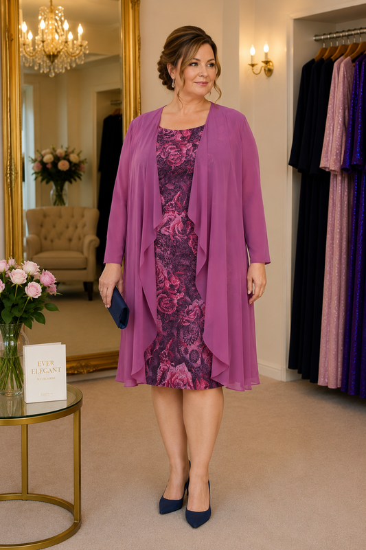 Magenta floral mother of the bride dress with coordinating chiffon jacket, elegant wedding outfit for mature women, styled in the Ever Elegant boutique Melbourne.