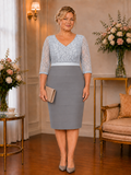 Plus-size powder blue and grey occasion dress with lace bodice, three-quarter sleeves and fitted banded skirt.