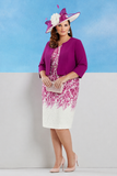mother of the bride dress and jacket in an ombre berry and ivory with a hip length jacket.