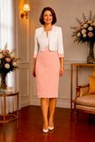 Condici peach pink and ivory mother of the bride dress with matching cropped jacket and three-quarter sleeves