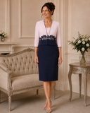 Condici pink and navy mother of the bride dress with floral lace waist and matching cropped jacket