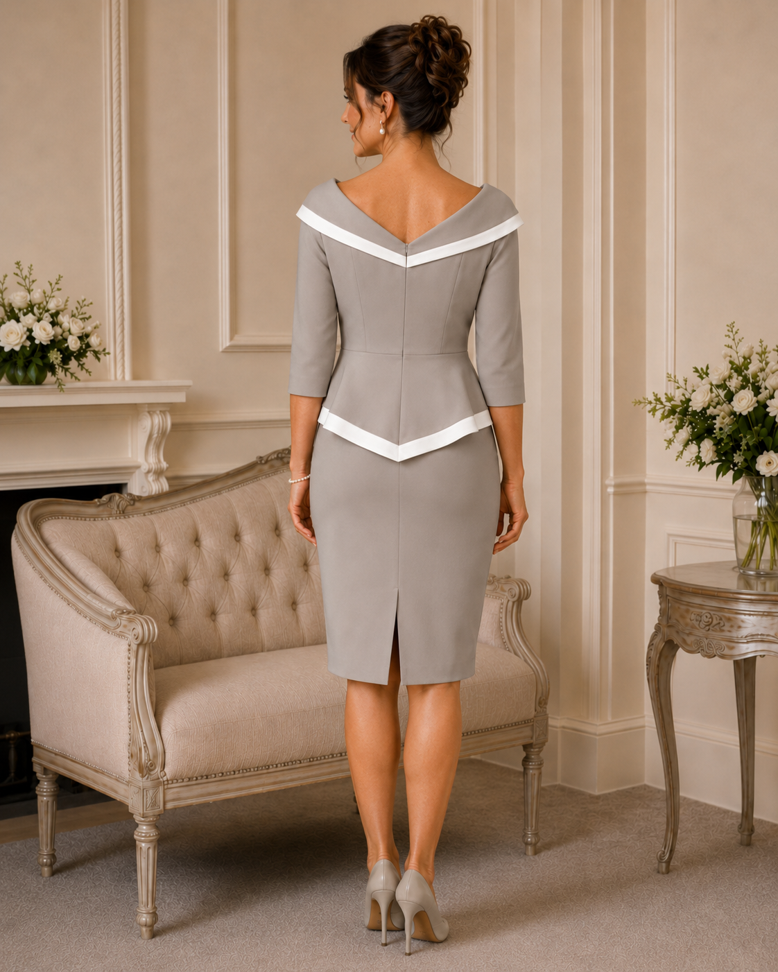 Back view of taupe and ivory mother of the bride dress showing V-back neckline, tailored waist and below-knee pencil skirt