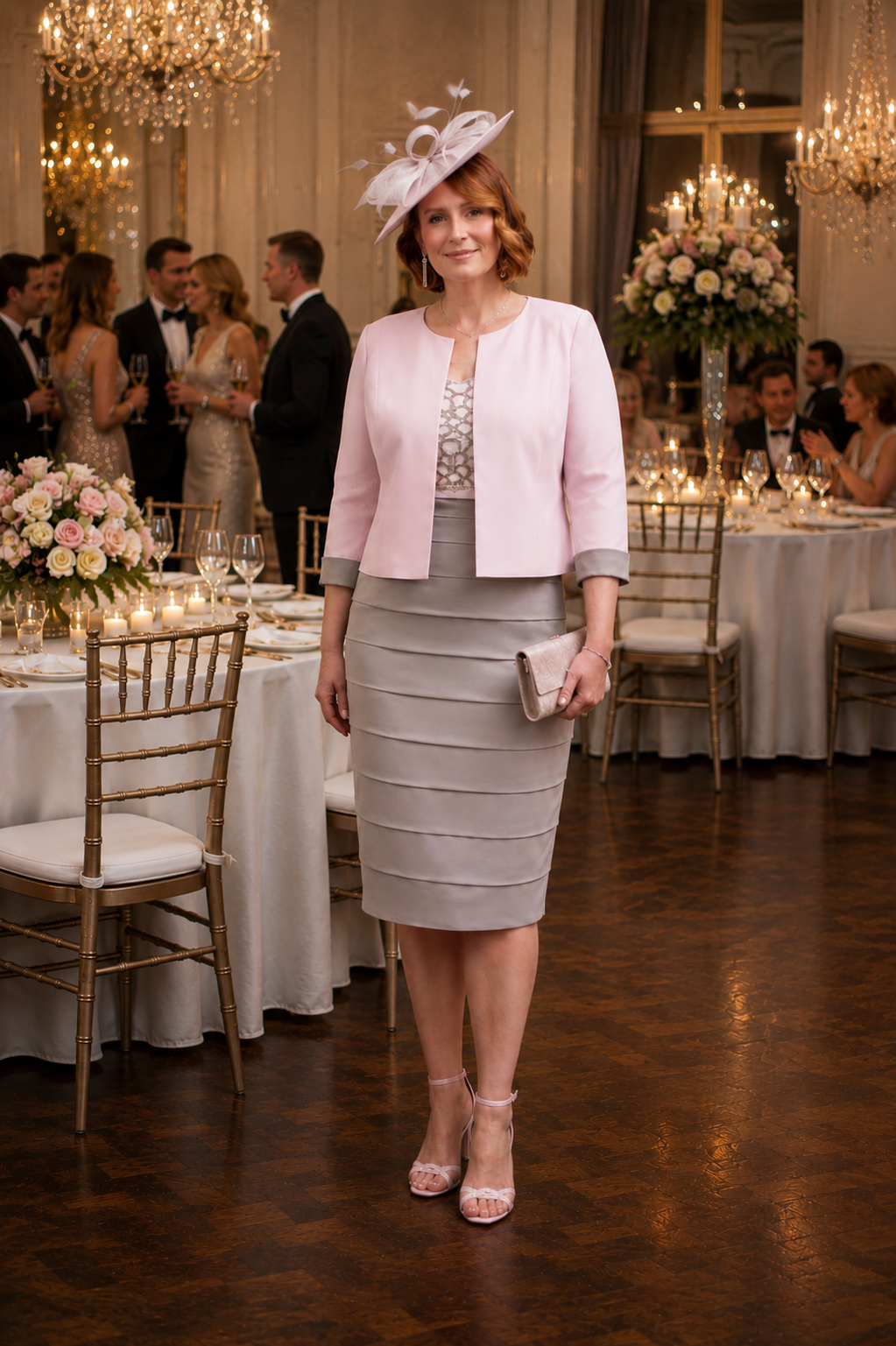 mother of the bride outfit in taupe and pink  for a plus size mother