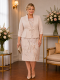 Plus-size cream embroidered mother of the bride dress  and Jacket with sheer three-quarter sleeves.