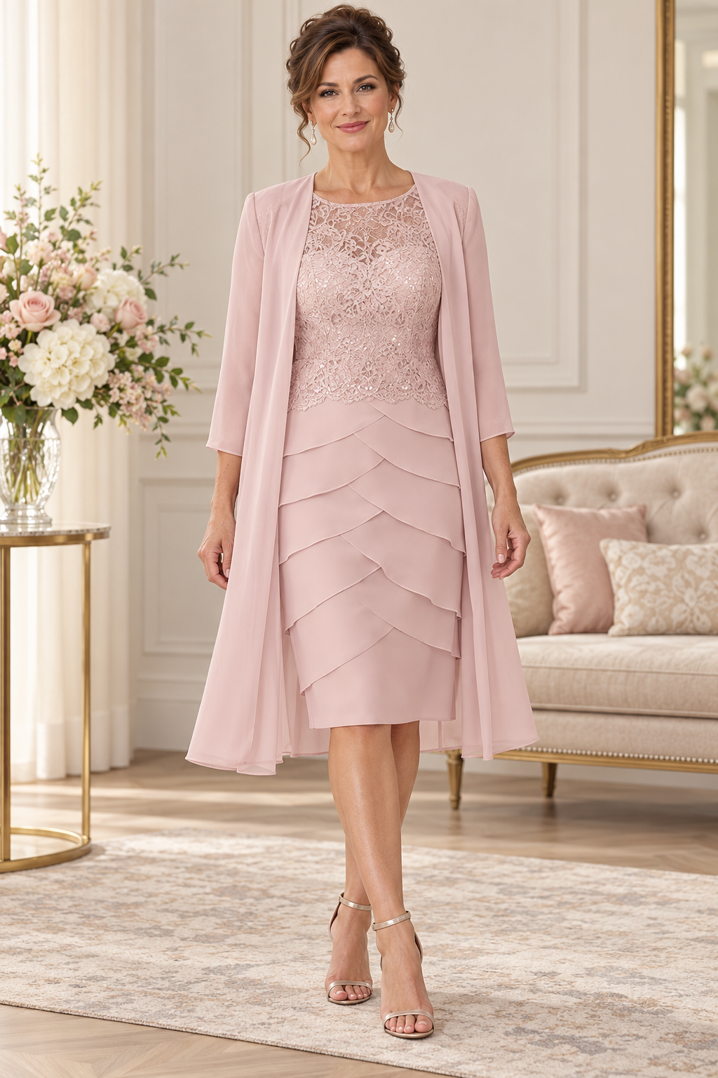 Blush pink dress with long chiffon coat, lace bodice and elegant layered knee-length skirt for mother of the bride