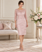 Blush pink mother of the bride dress with lace bodice, three-quarter sleeves and layered chiffon skirt