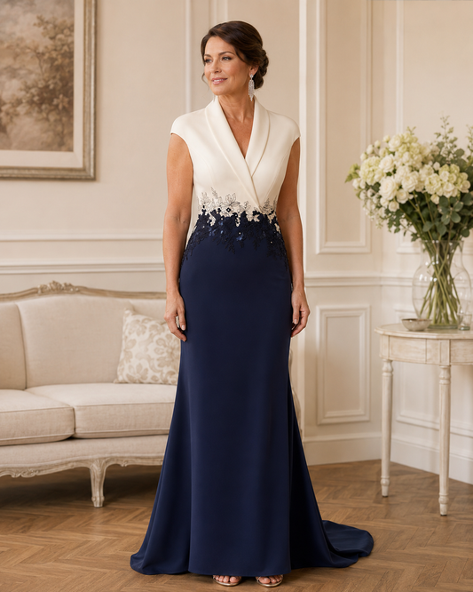 Couture Club 7G110 navy and cream mother of the bride gown on brunette model in elegant indoor setting