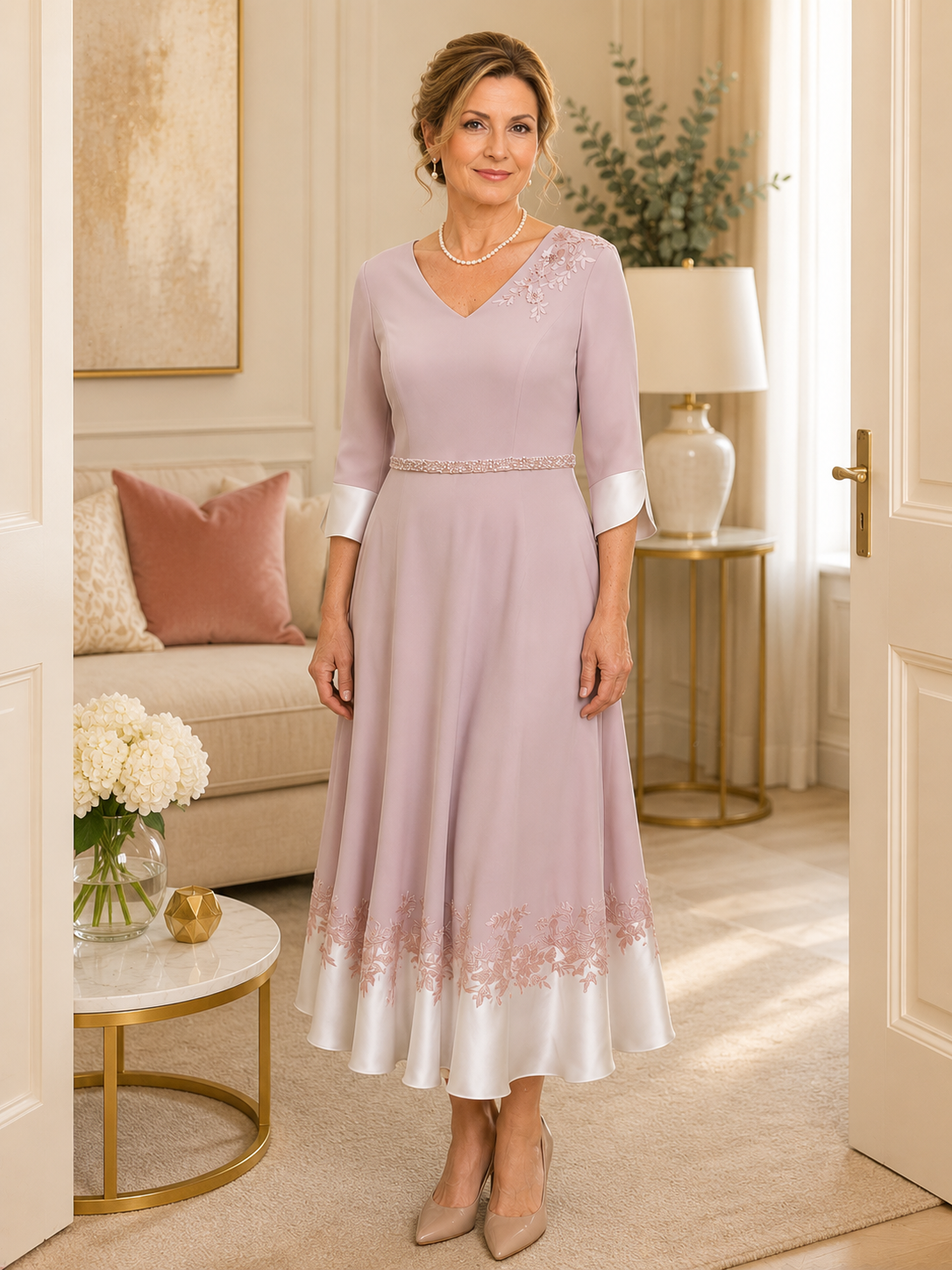 Blush pink mother of the bride tea-length dress with embroidered hem detail and three-quarter sleeves, back view, formal occasion wear Australia