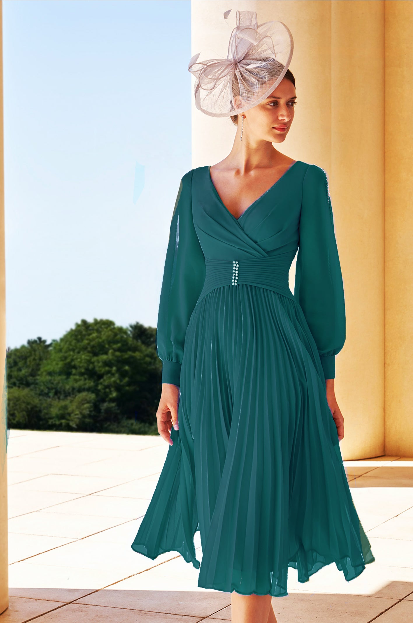 Couture Club Teal Chiffon Tea-Length Dress – Mother of the Bride or
