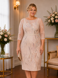 Elegant cream occasion dress with pastel floral embroidery and fitted knee-length silhouette.