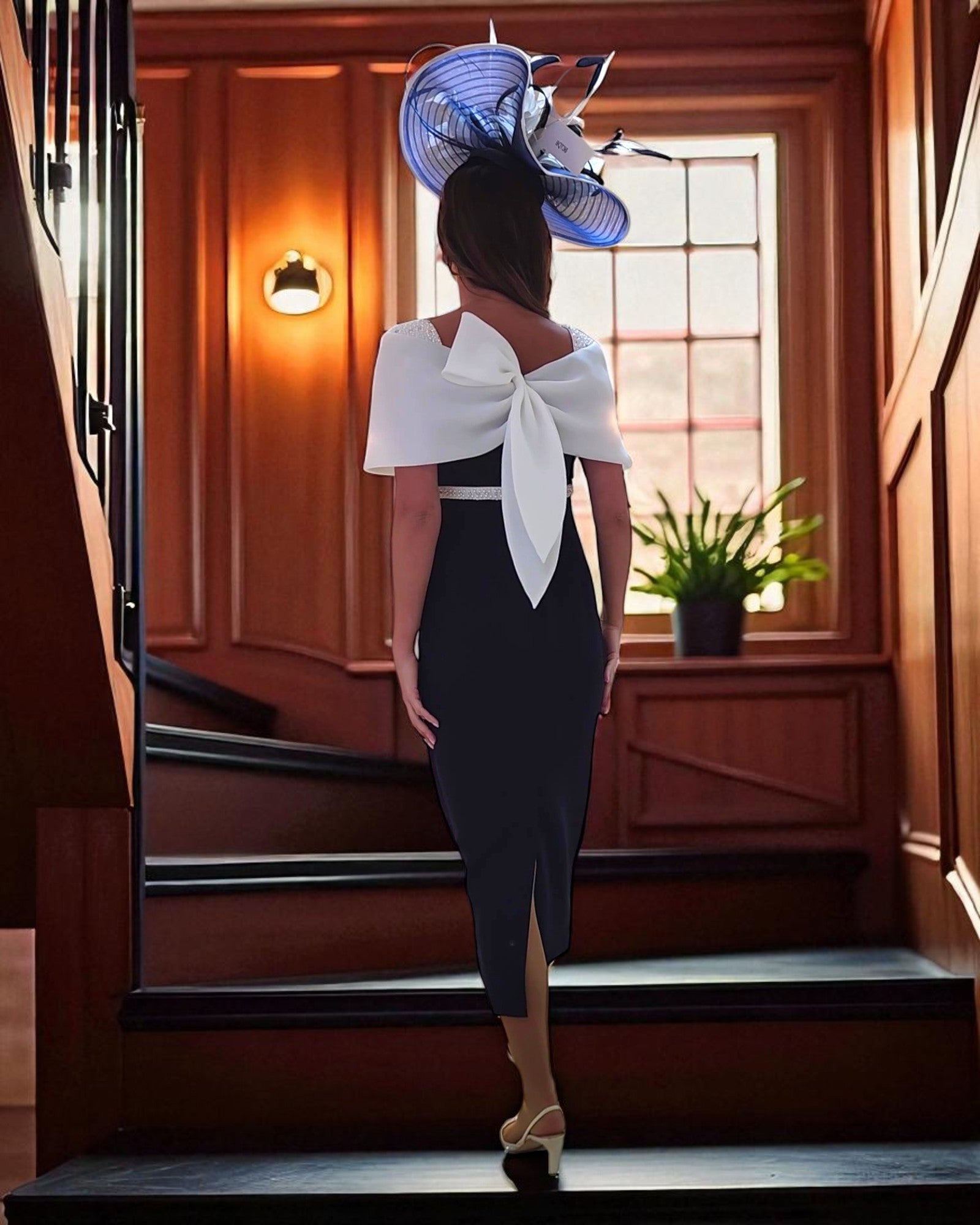 back view of Elegant fitted midi dress in navy crepe with ivory trim