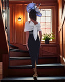 back view of Elegant fitted midi dress in navy crepe with ivory trim