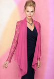 Women’s fuchsia chiffon jacket with floral lace sleeves