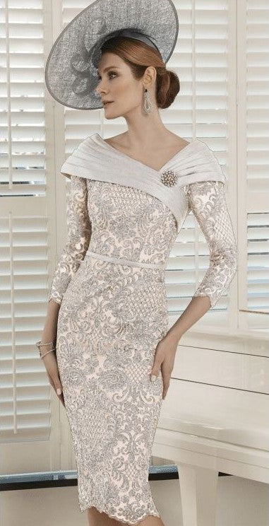 A stunning formal lace mother of the bride dress by Veni Infantino -991106A - Silver and Ice Pink