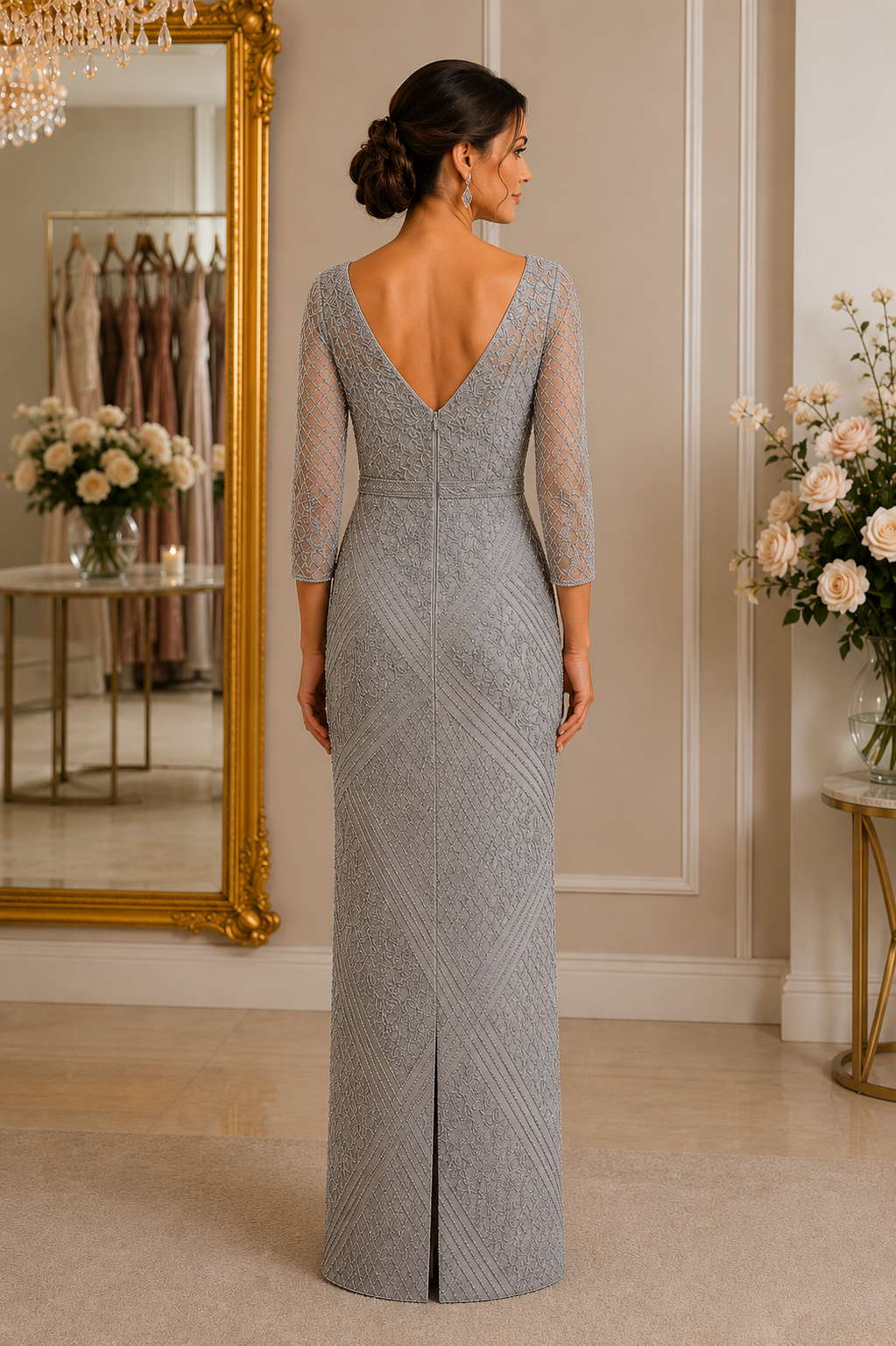 Silver beaded long evening gown with geometric lace detailing on brunette model in Ever Elegant boutique, elegant mother of the bride formal gown Melbourne
