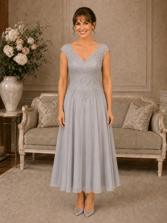 Silver-grey chiffon and beaded lace mother of the bride dress with full 7/8-length skirt