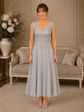 Silver-grey chiffon and beaded lace mother of the bride dress with full 7/8-length skirt