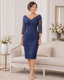 Veni Infantino light navy beaded lace mother of the bride dress with shawl neckline and three-quarter lace sleeves