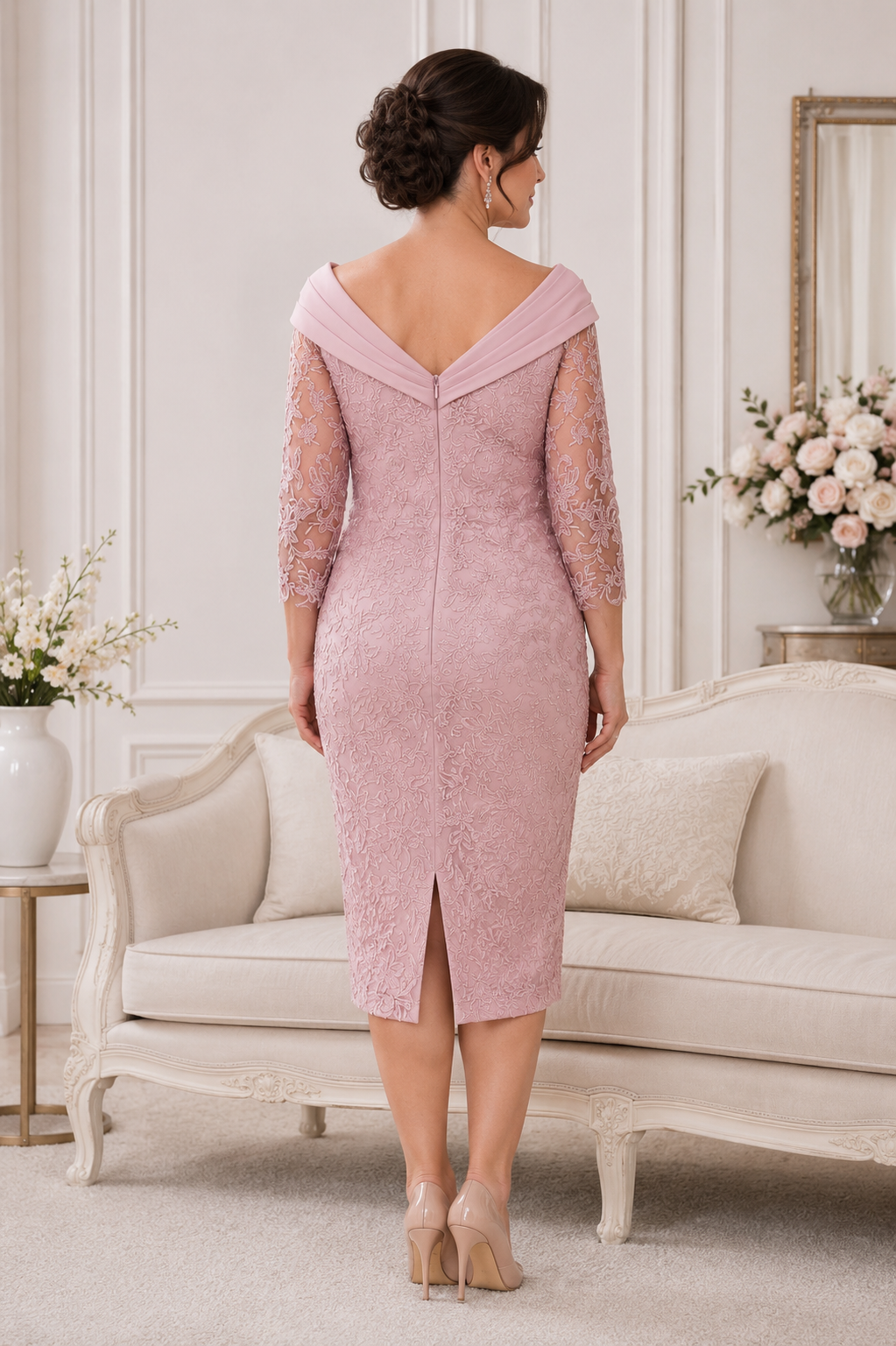 Back view of Veni Infantino pink lace mother of the bride dress showing V-back collar, centre zip and rear skirt vent