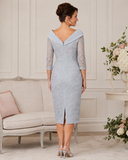 Back view of Veni Infantino silver lace mother of the bride dress showing closed back zip, fitted silhouette and rear skirt vent