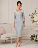 Front view of Veni Infantino silver beaded lace mother of the bride dress with shawl collar and three-quarter lace sleeves