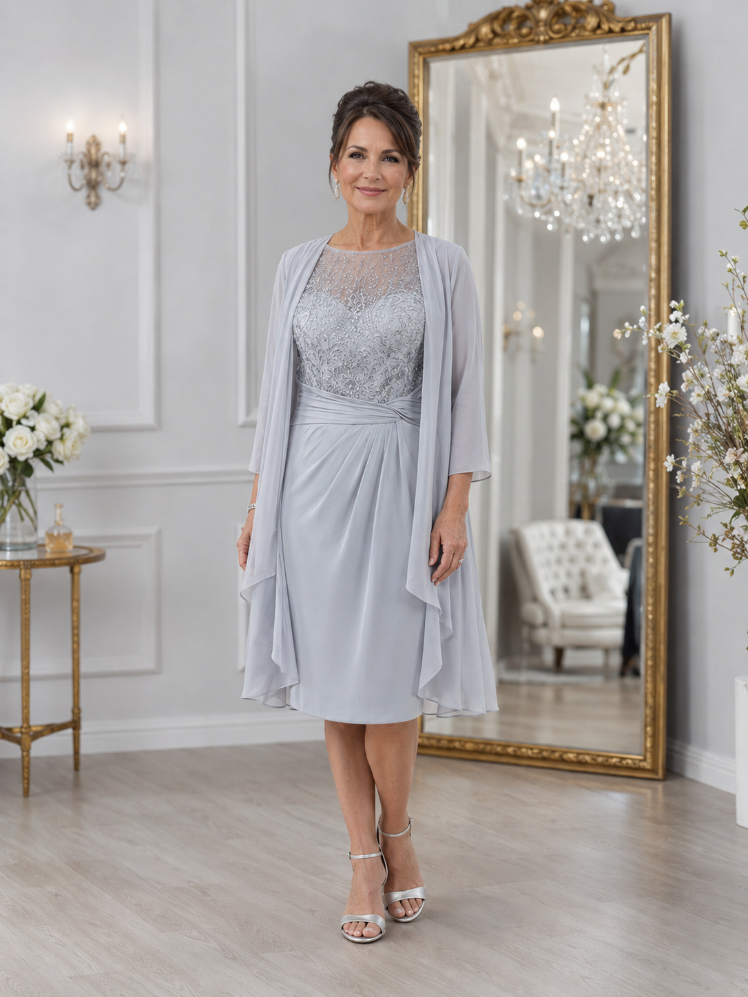 Silver grey mother of the bride dress with beaded lace bodice and chiffon coat