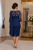 Back view of an Elegant navy lace Mother of the Groom dress with illusion neckline and fitted knee-length silhouette