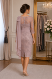 Back view of Veni Infantino 991929 Dusty blush lace mother of the groom dress with sheer lace back and shoulder drape