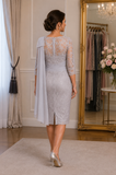 Back view of Veni Infantino 991929 silver lace mother of the groom dress with detachable shoulder drape