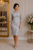 Veni Infantino 991929 silver mother of the bride lace dress with chiffon shoulder drape front view