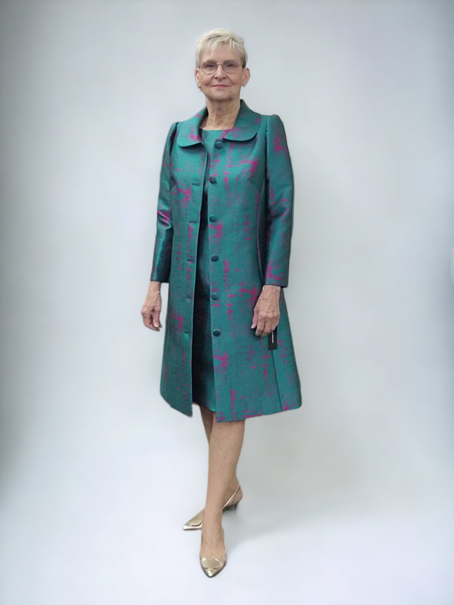 Premier Veni Infantino Designer Range: Finely Tailored Jade Brocade Dress and Coat with Fuchsia Accents -| 992012b.