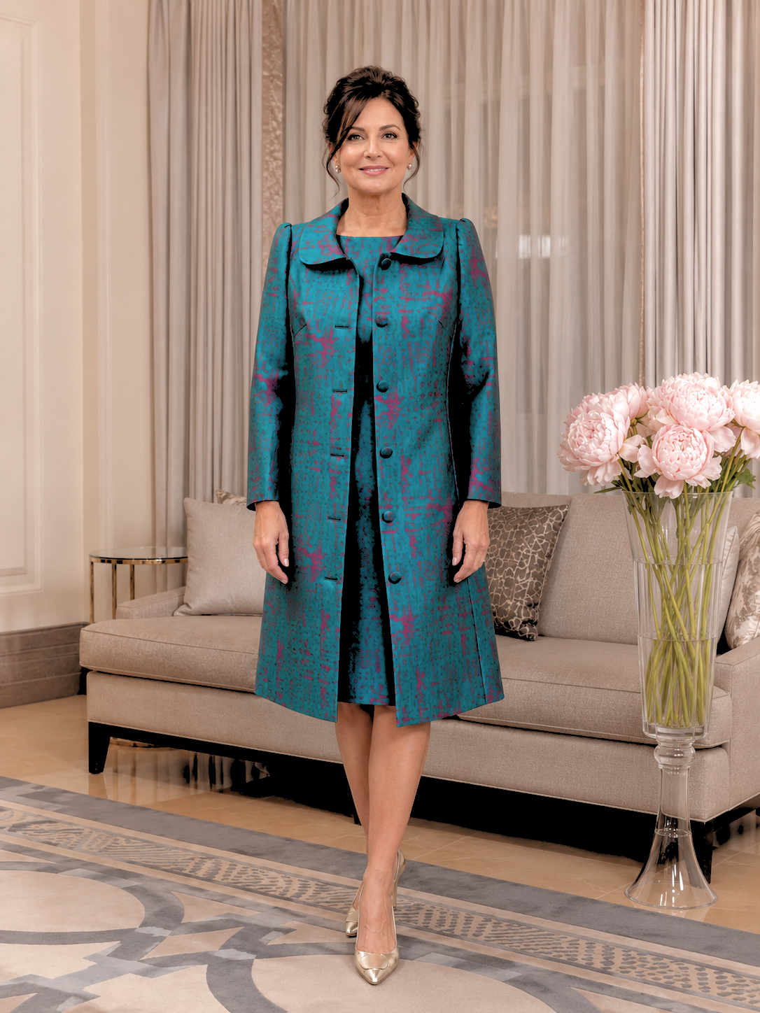Teal and magenta jacquard mother of the bride dress with matching long coat at Ever Elegant Melbourne