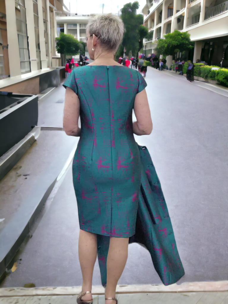Premier Veni Infantino Designer Range Finely Tailored Jade Brocade Dress And Coat With Fuchsia