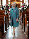 Premier Veni Infantino Designer Range: Finely Tailored Jade Brocade Dress and Coat with Fuchsia Accents -| 992012b.
