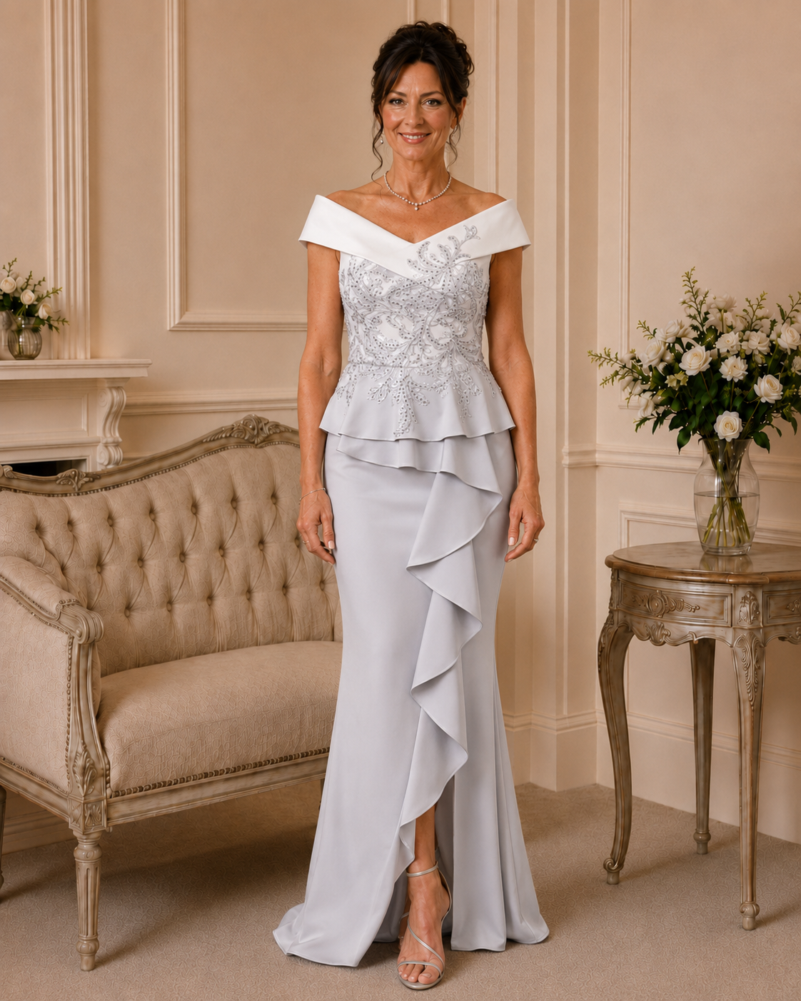 Veni Infantino silver and ivory mother of the bride gown with beaded bodice, off-shoulder neckline and cascading crepe skirt