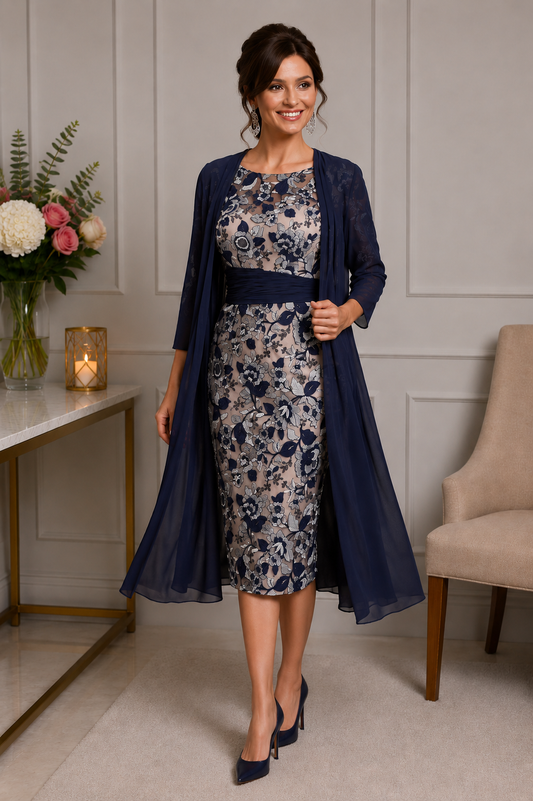 Navy floral mother of the bride dress with chiffon coat by Veni Infantino on brunette model at Ever Elegant Melbourne