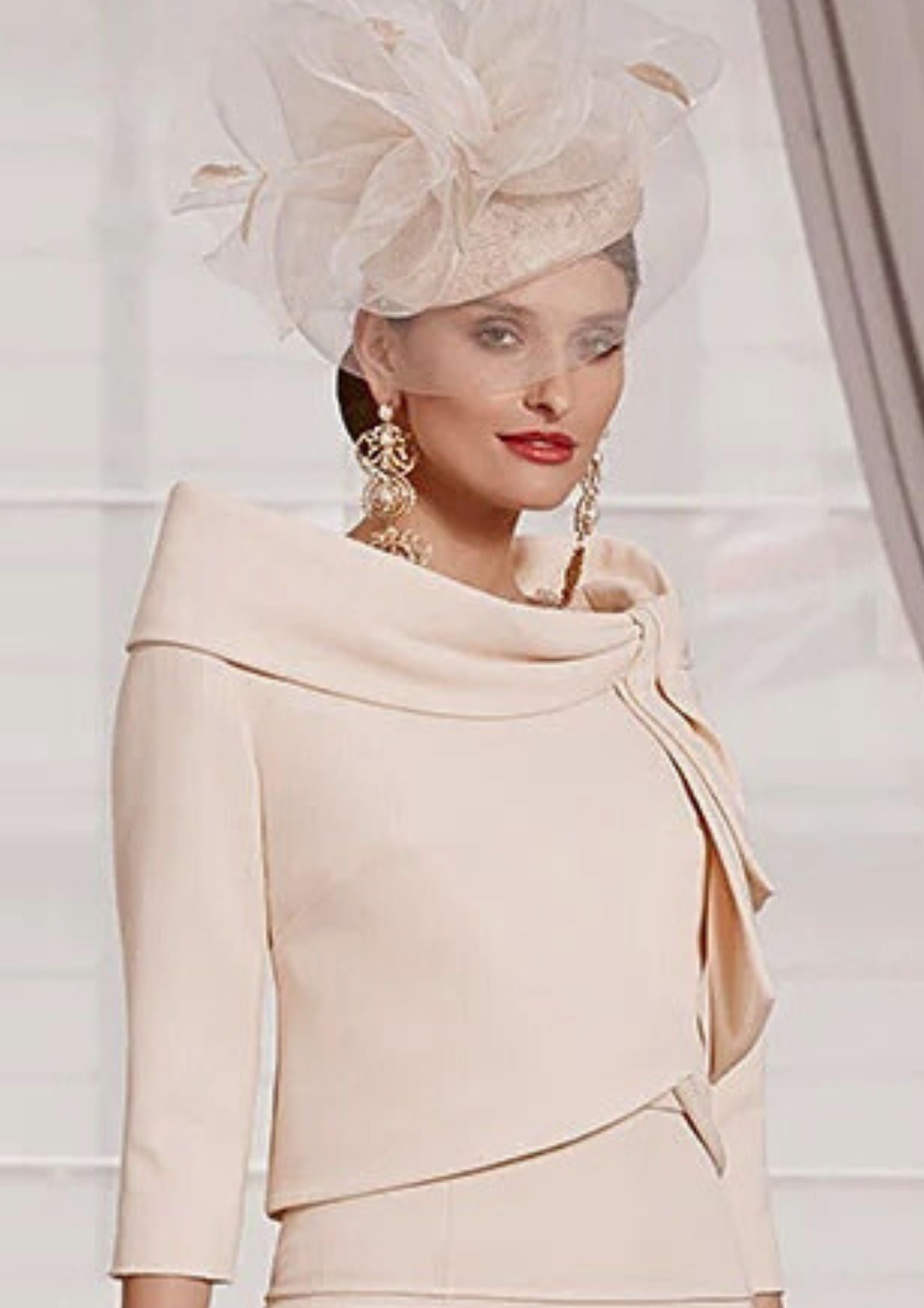 Cream Lace Dress with Pleated Waistband & Matching Shawl-Collar Jacket | 992052. - Ever Elegant