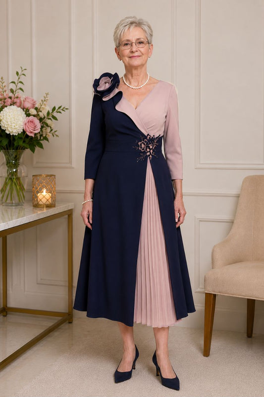 Veni Infantino navy and dusty pink mother of the bride dress with pleated skirt and 3/4 sleeves | Elegant wedding outfit Australia