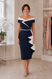 Front view of navy and ivory Bardot mother of the bride dress with beaded waist and structured contrast drape.