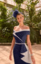 992365s - Veni Infantino, spectacular crepe off the shoulder dress in Navy and ivory