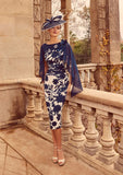 Navy and ivory crepe mother of the bride dress with chiffon drape