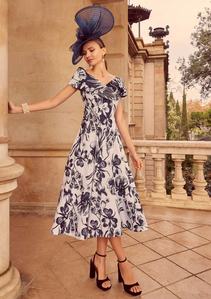 Veni Infantino Silver & Navy Brocade Fit and Flare Dress - Perfect for Mothers of the Bride -992560