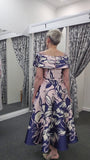 Back of Veni Infantino fit and flare dress 992575 in soft pink and navy  with beaded shoulder detailing