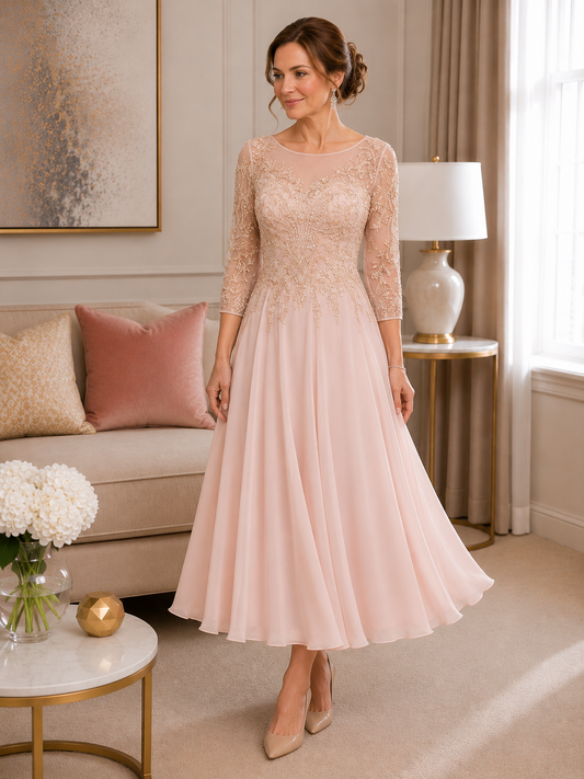 peach pink  tea length chiffon and  beaded lace mother of the bride dress, perfect for a formal wedding