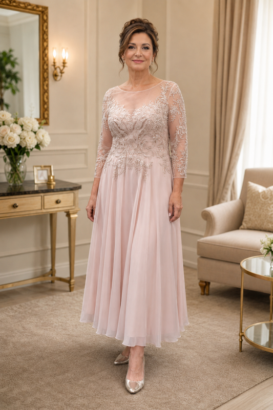 peach pink  tea length chiffon and  beaded lace mother of the bride dress, perfect for a formal wedding